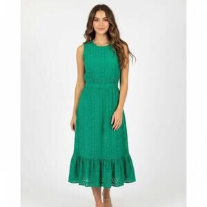 J.Crew Emerald Green Eyelet Midi Dress Ruffle Hem Resort Summer 100% Cotton 6